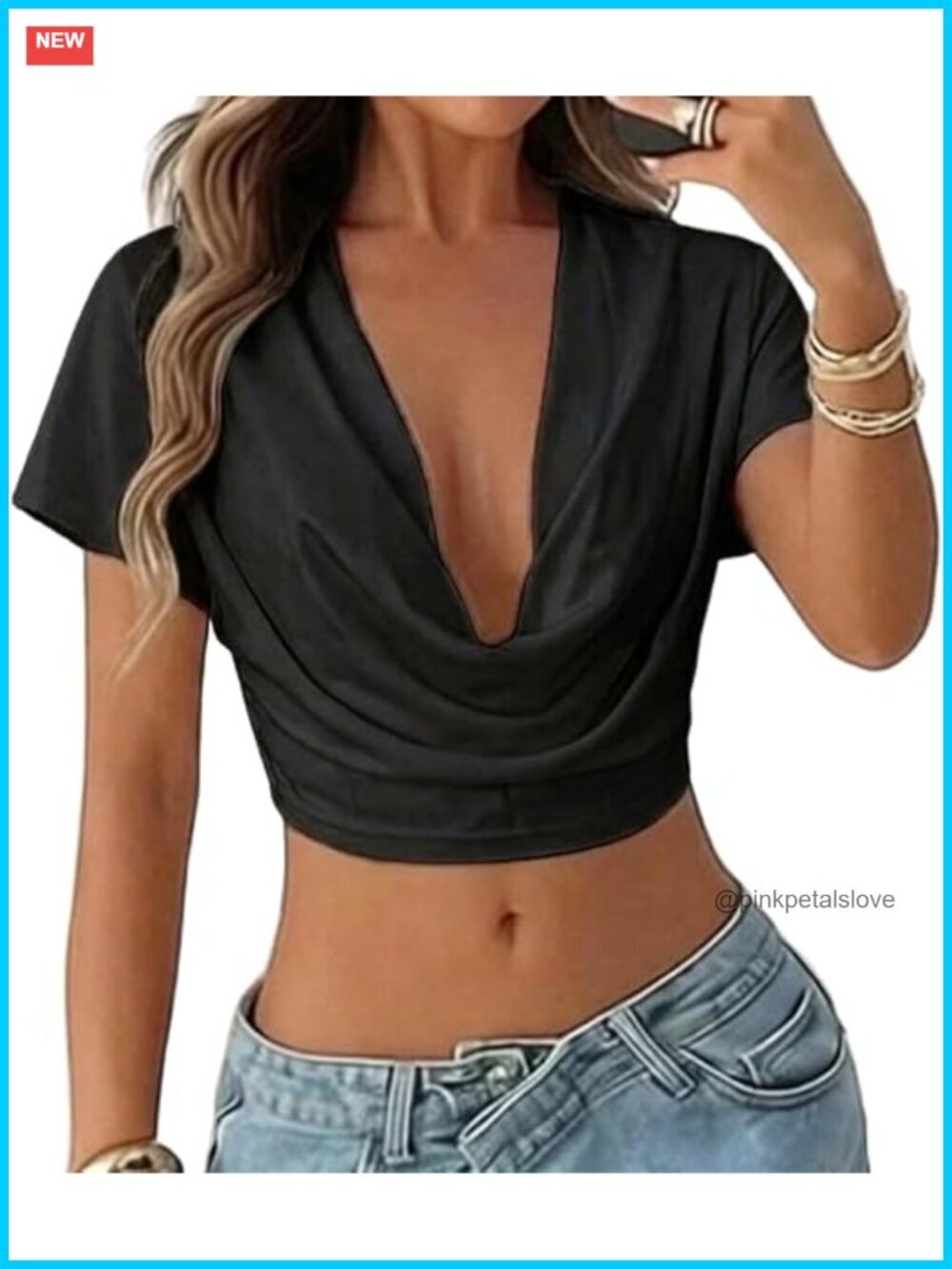 Women's Ruched Deep V Neck Short Sleeve Crop Top Slim Fit Solid Draped Front Tee